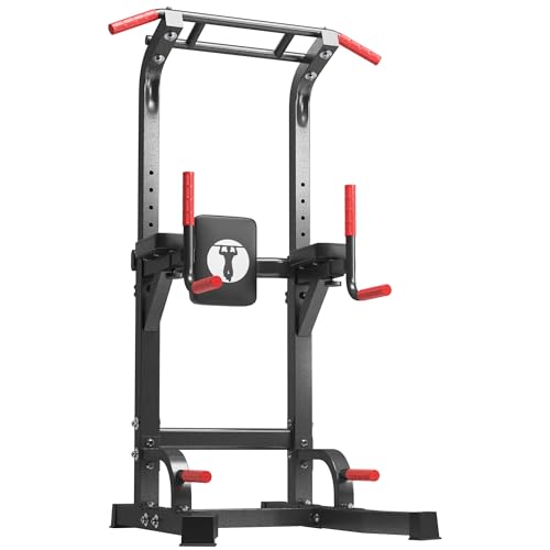 DlandHome Power Tower Pull Up Bar Station, 10 Level Adjustable Height | Heavy Duty Pull Up Dip Station for Home Gym Strength Training Equipment, Comfortable Backrest, 330LBS Weight Capacity - color: Black