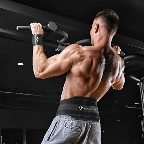 Vikingstrength Dip Belt for Weight Lifting Including Wrist Wraps. Premium Padded Dips Belt with Long Chain for Pullups Triceps Weighted belt for Workout Powerlifting + V-Strength Workout App