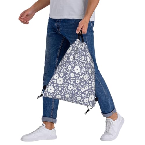 Compact Cinch Carry Sack Navy White Floral Pattern Washable Sackpack for Climbing - color: 1