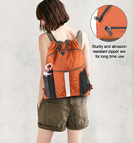 BeeGreen Drawstring Backpack Bag with Shoe Compartment, X-Large Black Gym Sports String Cinch Backpack - color: Orange