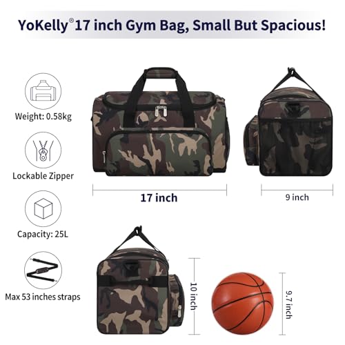 25L Small Gym Sport Duffle Bag, 17 inch, Camo | Weekender Overnight Bag, Travel, Workout, Fitness - color: Camo