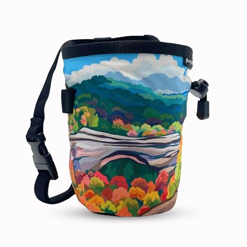 Rock Climbing Chalk Bag | for Outdoor, Gym, & Bouldering | Adjustable Waist Belt, Durable Drawstring Closure, & Zippered Pocket - style: Red River Gorge