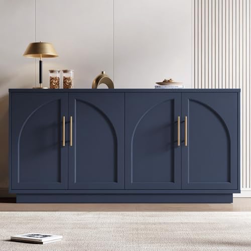 Fatmok Buffet Cabinet with Storage, 59'' Modern Arched Sideboard Cabinet w/Adjustable Shelves, Wood Media TV Console Table Credenza for Living Room Hallway Entryway, Dark Blue - color: A-blue