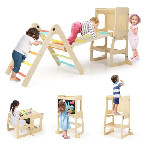 HONEY JOY 7 in 1 Climbing Toys for Toddlers, Convertible Kids Step Stool/Table & Chair/Chalkboard, Folding Triangle Climber w/Ramp, Montessori Kitchen Stool Tower for Learning w/Safety Rail (Colorful)
