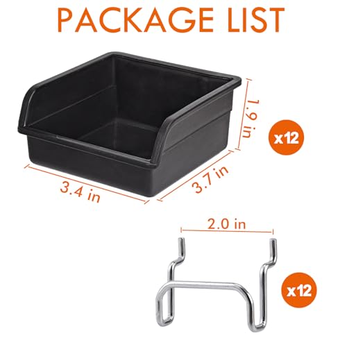 Pegboard Bins With Hooks, 12 Pack Peg Board Garage Tool Storage Organizers | 1/8" 1/4" Pegboard Accessories, Plastic Hanging Organizer Bins, Tool Storage for Screws Nuts Bolts Nails Small Hardware Parts