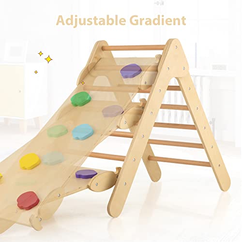 OLAKIDS Pikler Triangle Set 3 in 1 Climbing Toys for Toddlers Wood Montessori Baby Jungle Gym with Ramp Ladder Slide Kids Indoor Playground Activity Play Structure - color: Wooden