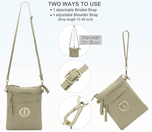 Solene Small Multi Zipper Pockets Crossbody Bag with Detachable Wristlet - color: Nude