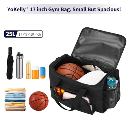 25L Small Gym Sport Duffle Bag - 17 Inch Weekender Overnight Bag for Travel, Workout, Fitness - Black - color: Black