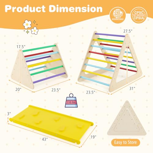 HONEY JOY Pikler Triangle Set, 5 in 1 Montessori Wooden Triangle Climber w/ 2 Stackable Ladders & Climbing Ramp, 3-Piece Baby Indoor Playground Jungle Gym, Climbing Toy for Toddlers, Colorful - style: 5 In 1 Yellow