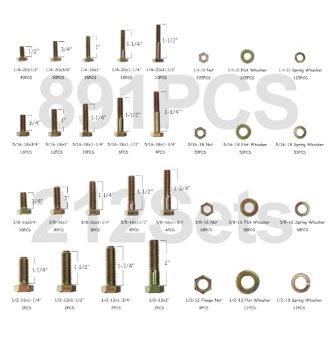 891Pcs Grade 8 Bolts and Nuts Kit - 1/4-20, 5/16-18, 3/8-16, 1/2-13 SAE Hex Bolt Assortment with Washers, Yellow Zinc Plated, Storage Case for Heavy Equipment & Farm Machinery - size: 891PCS 1/4-20 5/16-18 3/8-16 1/2-13 SAE Bolt Kit