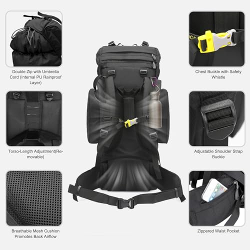 IX INOXTO 85L Lightweight Internal Frame Hiking Backpack for Men Women, Waterproof Travel Camping Backpack with Rain Cover (Black) - color: Black