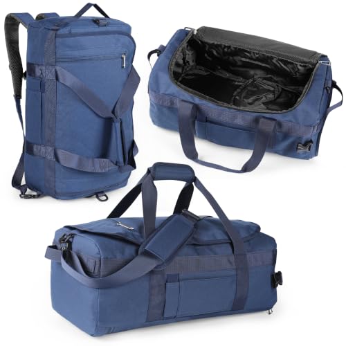 3-in-1 Duffle Bag Backpack with Shoe & Laptop Pocket, Cup Holder, Ventilated Gym & Travel Bag (Navy Blue) - color: Navy Blue