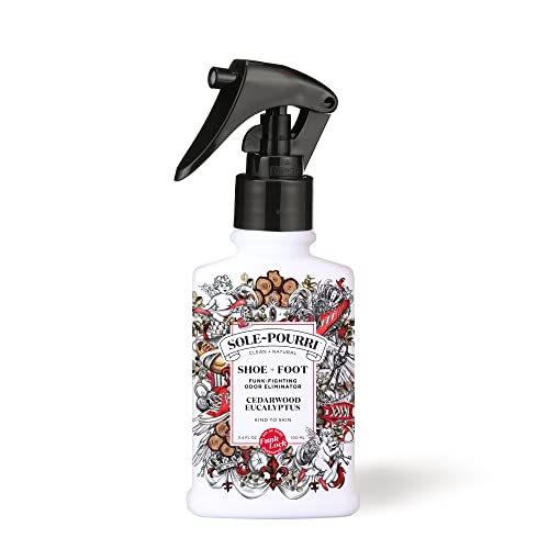 Sole-Pourri Shoe Deodorizer + Foot Spray, 3.4 Fl Oz, Up to 150 Uses, Funk-Fighting Odor Freshener with Essential Oils, for Smelly Shoes, Feet & Gym Bags, Cedarwood & Eucalyptus Scent - size: 1 Ounce (Pack of 1), style: Cedarwood Eucalyptus