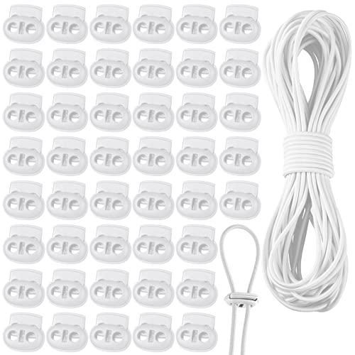 Patelai 50 Pieces Cord Locks Spring Toggles Stoppers Plastic Single Hole End Stopper Slider and 1/8 Inch 66 Feet Elastic Bungee Cord for Drawstring Shoelaces Clothing Bags(White, Simple Style) - size: White, style: Simple Style