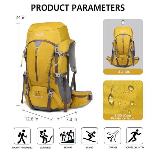 50L Hiking Camping Backpack for Men Women Lightweight Backpacking Back Pack | Waterproof Travel Outdoor Sport Climbing Daypack with Rain Cover - color: Yellow