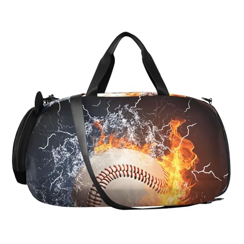 Kids Sports Duffel Bag for Boys & Girls - Baseball on Fire 100% Polyester Gym Bag with Separate Shoe Compartment, Adjustable Shoulder Strap, Compact Travel & Workout Gear Bag - color: Baseball on Fire