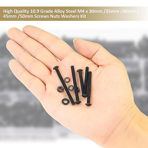202 Pieces Black M4 x 30/35 /40/45 /50 mm Button Head Socket Cap Screws Nuts Washers Assortment Kit, 10.9 Grade Alloy Steel - size: M4 x 30/35/40/45/50mm, style: Button Head