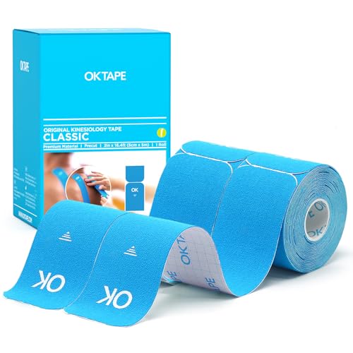 OK TAPE Precut Elastic Kinesiology Tape, 20 Strips, 2inch x 16ft, 2 Rolls | Sensitive Skin Friendly Latex Free Hypoallergenic Athletic Tape Roll for Muscle Joint Knee Waterproof Light Blue - color: Light Blue, size: 2 Rolls