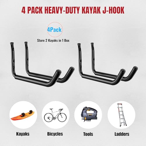 4 Pack Kayak Wall Mount Rack, Heavy Duty 120 LBS Garage Storage Hooks, 15 Inch Wide Utility Hangers for Canoe, SUP, Surfboard, Ladders, Lumber & Tools (Black) - size: 15"-4Pack-Wall Mount