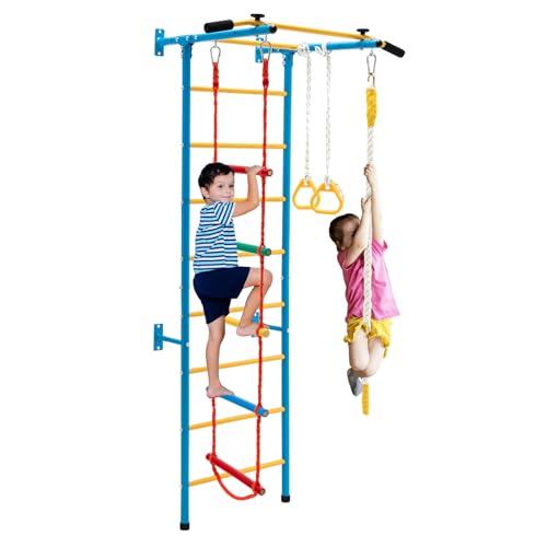HONEY JOY Climbing Toys for Toddlers, Upgrade Metal Indoor Kids Gym for Solid Wall, Playground and Climbing Exercise Set with Rope Ladder, Pull-up Bar, Monkey Bars, Gymnastic Rings (5 in 1) - size: 5 In 1