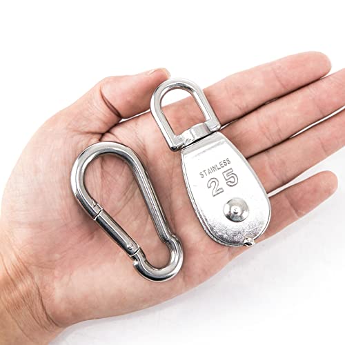 2X 304 Stainless Steel M25 Single Swivel Rope Pulley Blocks with Snap Hooks | 360° anti-twist swivel pulley. For lifting, towing & hanging wire rope on crane/outdoor. Has spring snap hooks for fast fit - size: M25-2pcs