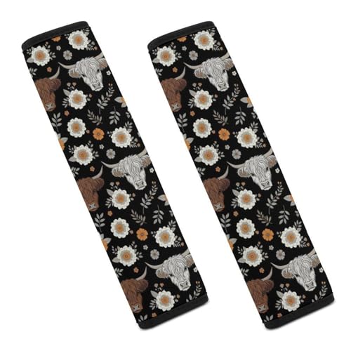 2 Piece Soft Padded Seat Belt Shoulder Pad for Adult Use, All Vehicles, Cute Highland Cow Floral Automotive Seat Belt Protector, Easy Install (No Tool) - color: Pattern 306