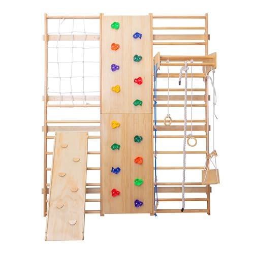 9-in-1 Indoor Climbing | All-in-One Wooden Home Playground with Rock Climbing Wall, Swings, Gymnastic Rings, Rope Ladder & More | Safe, Space-Saving Fitness & Fun for Family