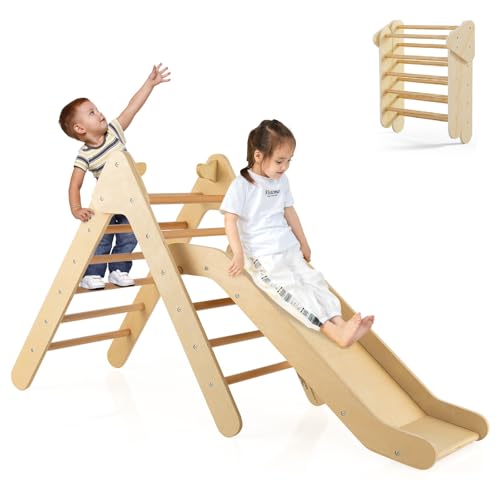 OLAKIDS Pikler Triangle Set 2 in 1 Climbing Toys for Toddlers Foldable Wood Montessori Baby Jungle Gym with Ladder Ramp Slide Kids Indoor Playground Activity Play Structure - color: Natural