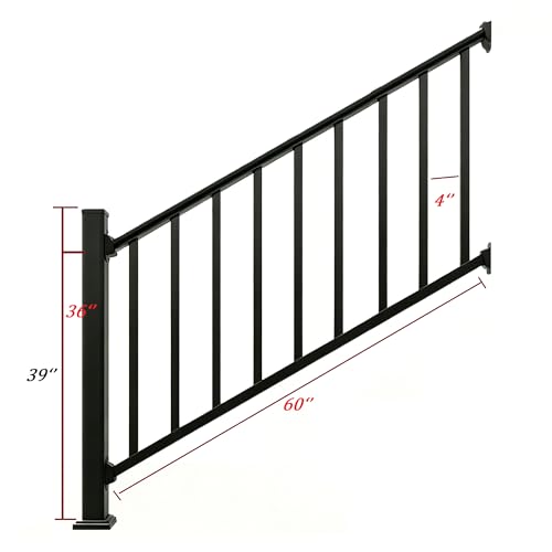 Aluminum Deck Railing Kit, Modular 36 in H. x 5 Ft W Stair Railing Kit for Outdoor Steps,Heavy Duty Balustrade System for Deck, Porch, Patio & Balcony(1 Post, 1 Panel) - size: 5 Feet-Stair