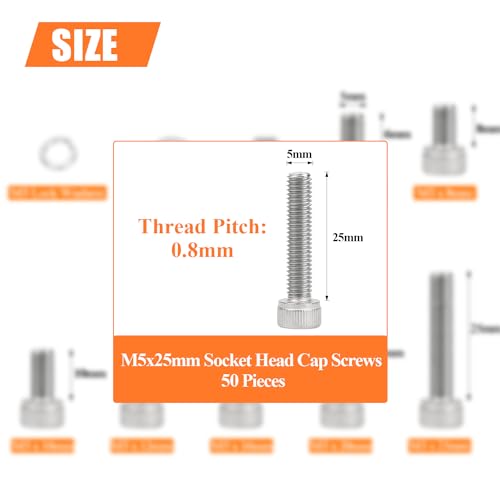 HELIFOUNER 50 Pieces M5 x 25mm, Thread Pitch 0.8mm, 304 Stainless Steel (18-8) Hex Socket Head Cap Screws, Fully Threaded - size: M5 x 25mm