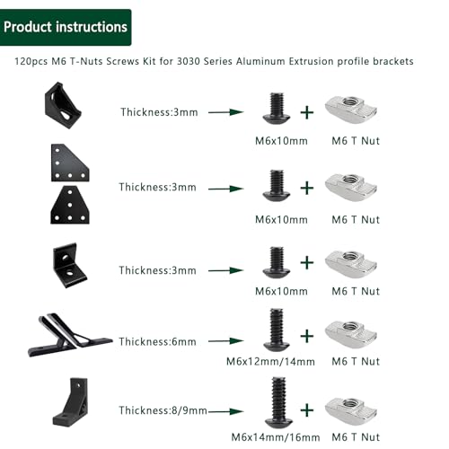 120 pcs M6 T Nut Screws Kit for 3030 3060 Aluminum Extrusion, 60 pcs Black M6x10/12/14/16mm Hexagon Socket Screws and 60 pcs M5 Drop in T-Nuts with 1 pcs M6 Hex Wrench - style: 120pcs 30 Series Screws Kit Black