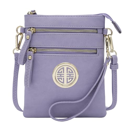 Solene Small Multi Zipper Pockets Crossbody Bag with Detachable Wristlet - color: Lavender