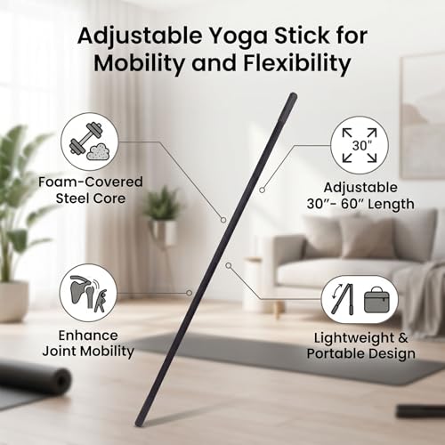 Semme Adjustable Yoga Stick Exercise Bar Stretching Mobility Pole with 3 Lengths 30 45 60 Inches Full Foam Sleeve for Home Gym Pilates Flexibility Training