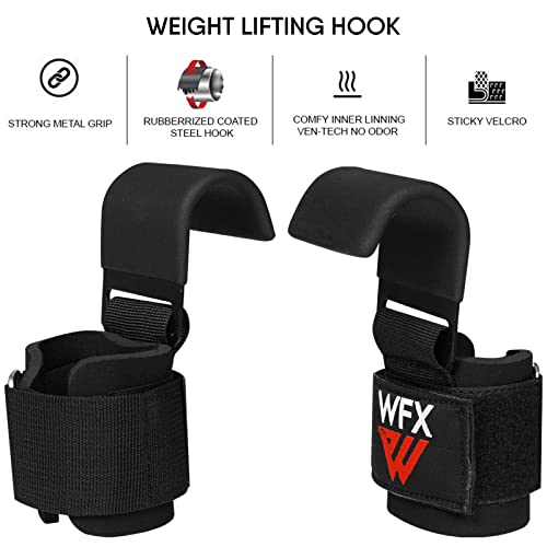 WFX Weight Lifting Hooks, Non-Slip Rubber Coated Grips, 7mm Neoprene Wrist Support Padding, Power Lifting Barbell Rows Dead Lifts Chin Pull Up Fitness Strength Training Straps Gym Workout Straps