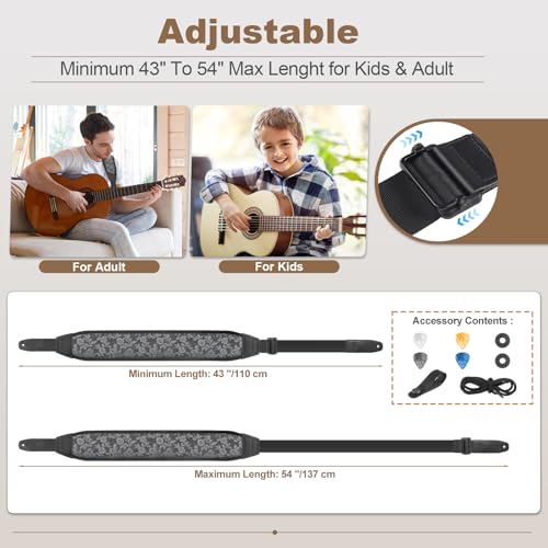 Guitar Strap and Bass Strap, Embroidered Guitar Strap, Adjustable Strap Length, Equipped with 3D Sponge Filled Foam Pad, Comes with 4 Picks + 2 Strap Locks, Best Gift for Guitar Players, Silver - color: Silver Embroidery