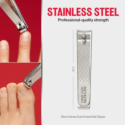 Revlon Dual-Ended Nail Clipper for Men, Straight and Curved Edges, for Fingernail and Toenail Trimming, Stainless Steel, 1 Count