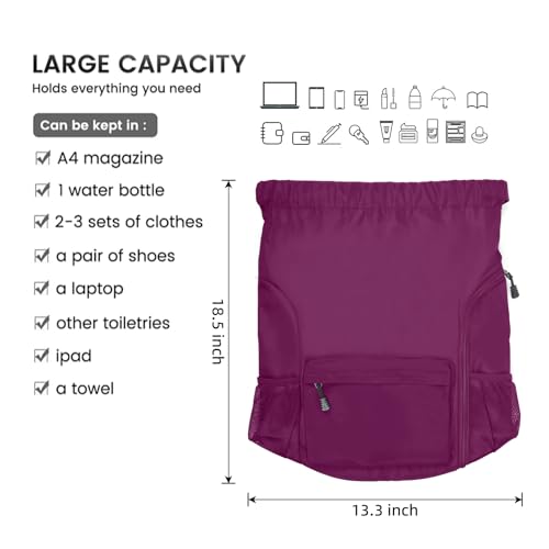 Valleycomfy Waterproof Drawstring Gym Backpack Bag for Men & Women Purple | Sports Gym Bag with Side Pocket - color: A-purple