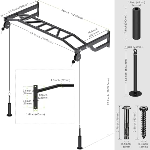 SELEWARE 48'' Heavy Duty Wall Mount Pull Up Bar with Cable Pulley System | Multi-function Chin up Bar with Cable Pulleys LAT Pulldown Attachments Heavy Bag Hanger for Home/Garage Gym Strength Training - color: C. Black Pull Up Bar with Cable Pulley System