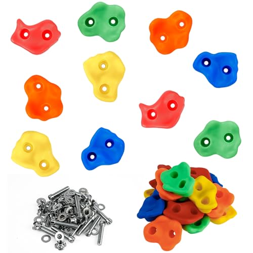 Rock Climbing Holds, Colorful Textured Wall Rocks with Hardware | Textured climbing rocks with bolts and washers for compatible wood playsets, indoor walls, backyard walls, and route setups