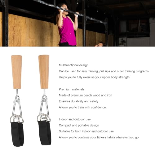 Wooden Pull Up Grips with Hanging Straps, Beech Wood and Iron Handles for Rock Climbing Holds Training Arm Forearm Wrist Strength Training Portable Fitness Equipment