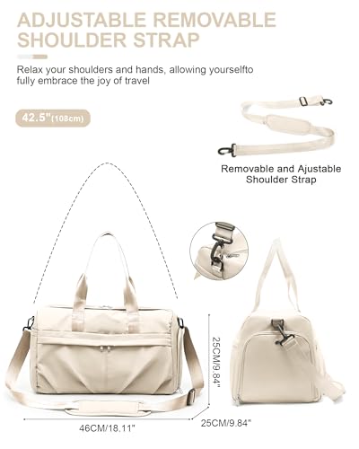 Gym Bag for Women Men, Sport Duffel Bag with Toiletry Bag & Shoe Compartment,Waterproof Travel Weekender Overnight Carry on Bag for Yoga with Trolley Sleeve, Beige Set - color: A6-Beige Set