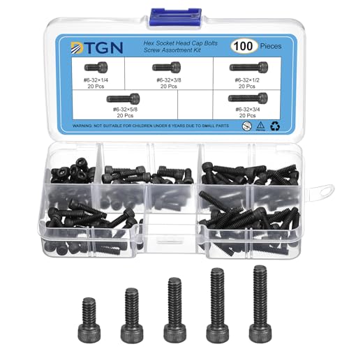 DTGN 100Pcs #6-32 Bolts Socket Head Screws Kit, #6-32 Screw Assortment, 12.9 Grade Steel #6-32 x 1/4", 3/8", 1/2", 5/8", 3/4" Hex Socket Head Cap Screws Bolt Set for 3D Printing DIY