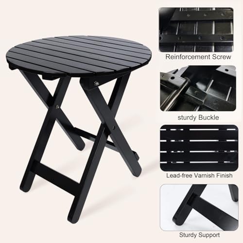 Outdoor Wooden Side Table, Folding Patio End Table, Small Round Furniture Table for Adirondack Chair, Balcony, Porch, Acacia Wood, No Assembly, Black - color: R-black-1