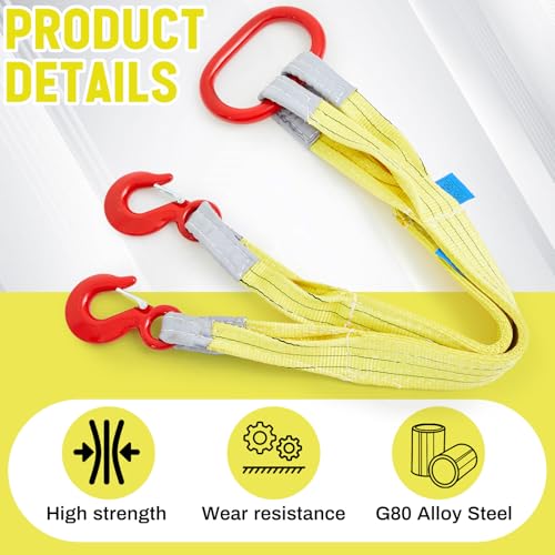2 Pcs 3.3 FT Heavy Duty Polyester Lifting Rigging Straps Two Leg Bridle Web Sling with Hook & Twist Eye Lift Strap for Hoist Engine Crane Truck Tow Tree Stump 13227 Lbs Load Capacity, Yellow