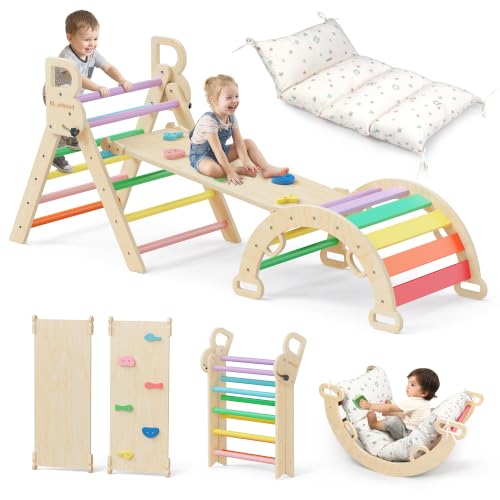 BlueWood Pikler Triangle Set with Cushion, Wooden Climbing Toys for Toddler | Foldable 8-in-1 Montessori Philosophy Toddler Climbing Toys Indoor with Reversible Ramp, Arch and Ladder - Sunshine Rainbow - color: Sunshine Rainbow
