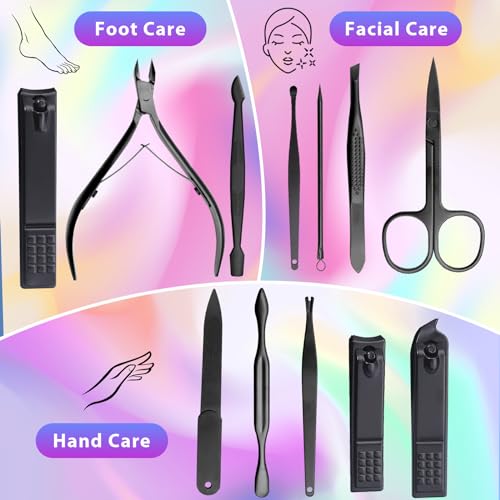 CGBE Nail Clippers Set, 12pcs Stainless Steel Nail Kit for Men, Manicure Set Pedicure kit for Mens Gifts - Black - color: Black-12pcs