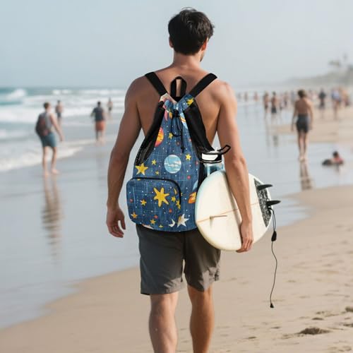 JUNZAN Rockets Deep Blue Drawstring Backpack Cinch Sacks with Water Bottle Holder Waterproof Climbing Gym Bag