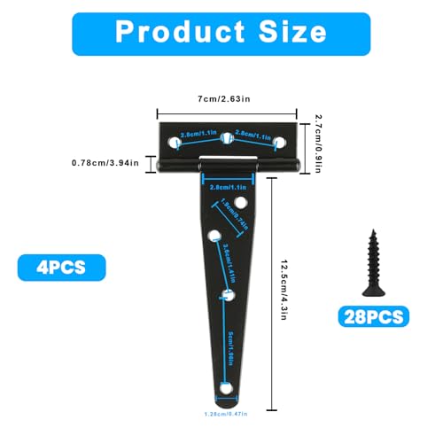 4 Pcs 6 Inch T Strap Hinges Heavy Duty, Shed Door Gate Hinges | 6 inch gate hinge black Heavy Duty Black Outdoor Tee Hinge for Wooden Fences,Barn Door Gates Hinge for Shed Door Hardware - size: 6 Inch