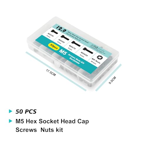 50PCS M5 x 50mm 60mm 70mm 80mm, Hex Socket Head Cap Screws Bolts Nuts Kit, 12.9 Grade Alloy Steel, Black Oxide Finish, Metric Allen Drive, Fully Threaded - size: Socket M5x50/60/70/80mm