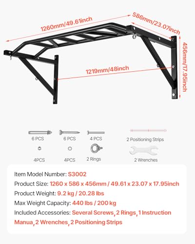 VEVOR Pull Up Bar, Multi-Grip Wall Mounted Pull Ups, 50 in Width Multifunctional Chin Up Training Station, Heavy Duty Steel Upper Body Workout Bars with Hangers, 440 lbs Weight Capacity, for Home Gym - size: Multi-grip with Hangers